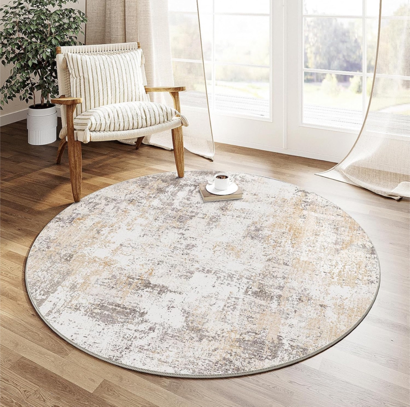 6.11 ft Washable Round Rug / Beige Grey