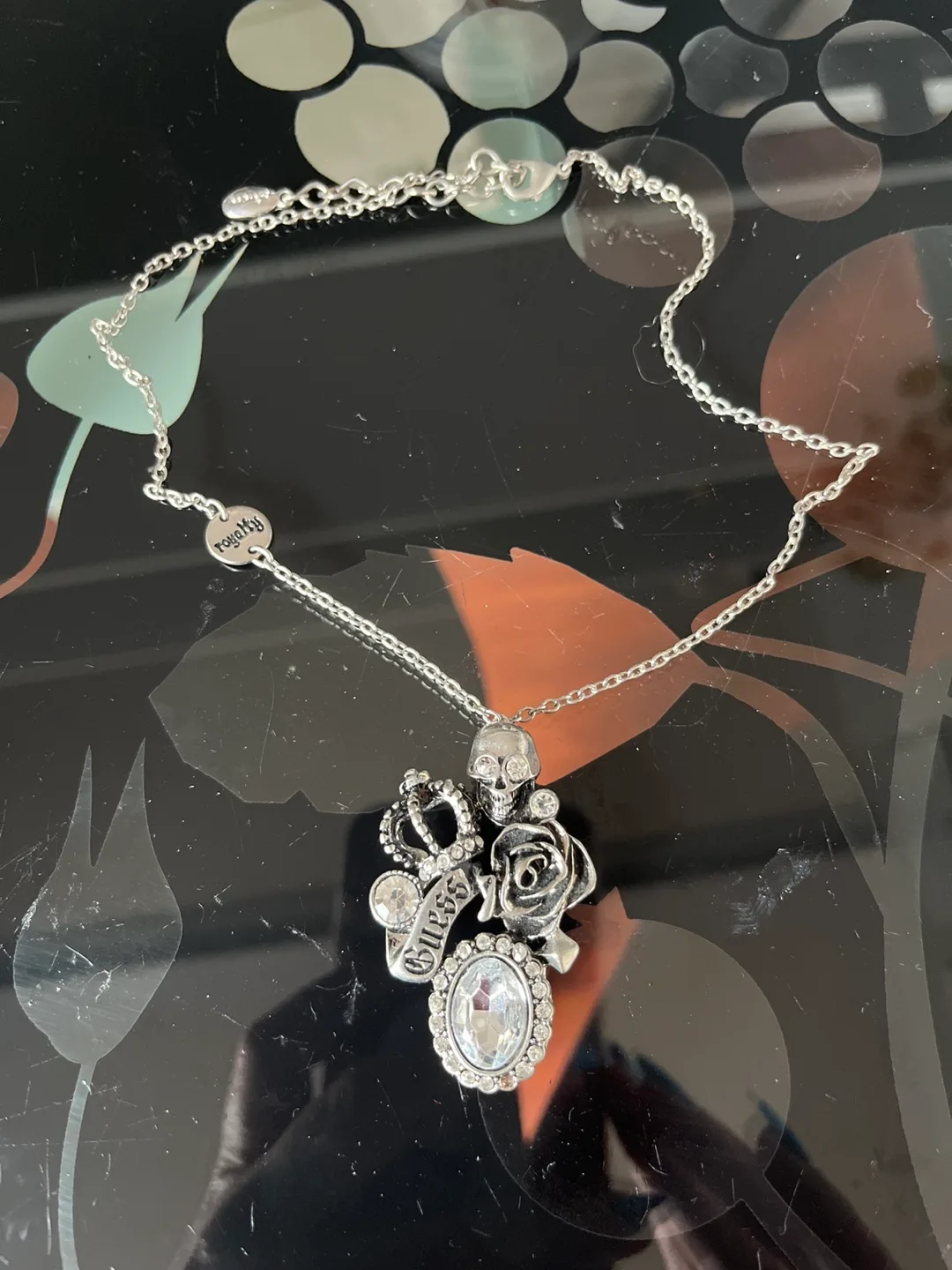 Guess Silver-Tone Skull Rose Pendant Necklace thumbnail