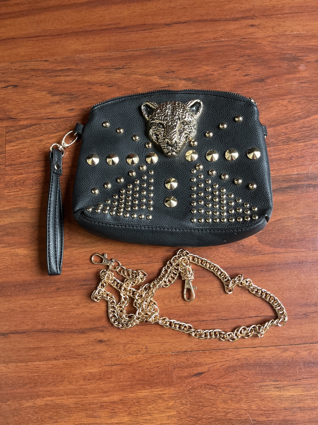 Black Studded Crossbody Bag with Gold Chain