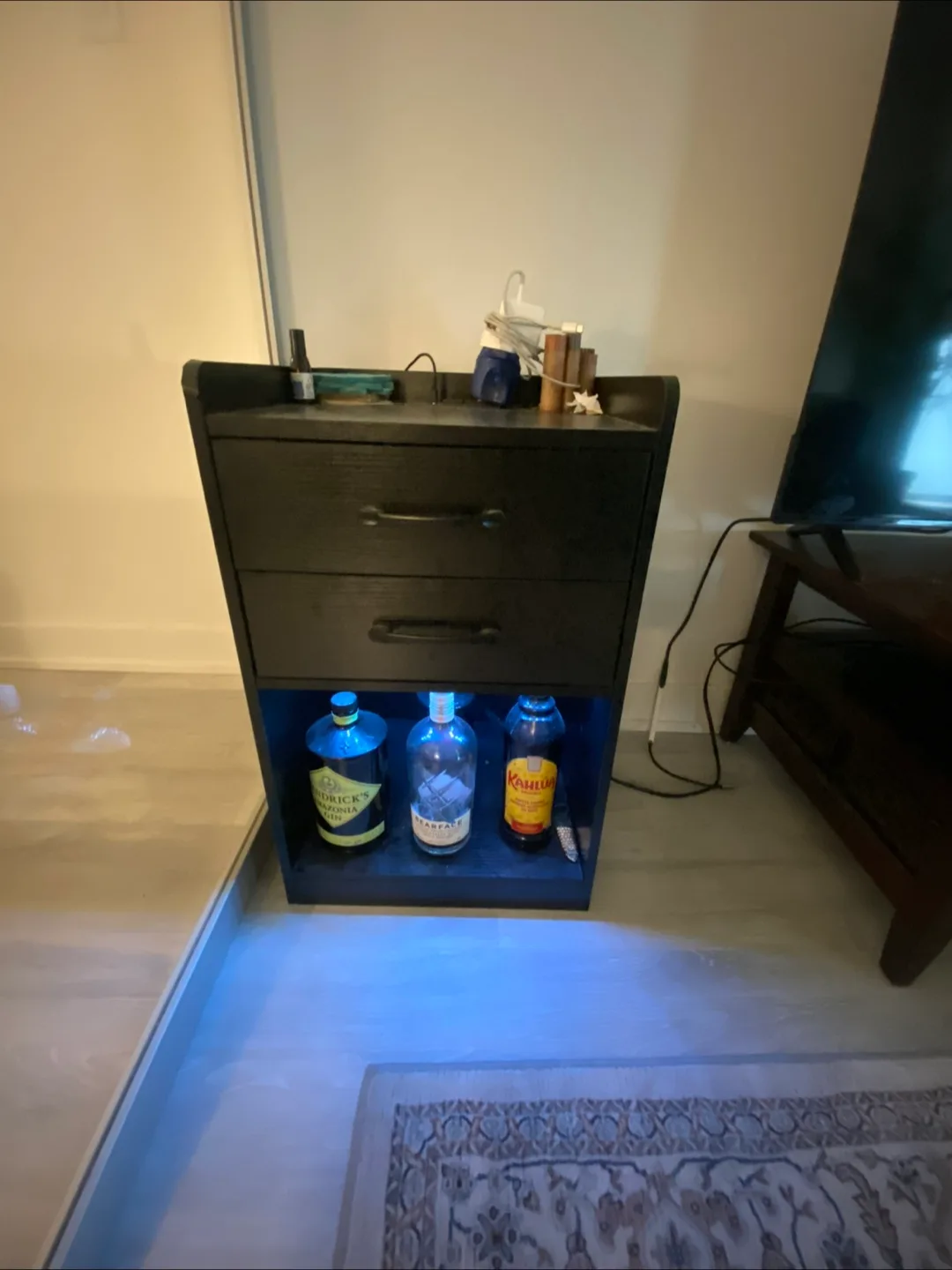 Black Nightstand with Two Drawers and LED