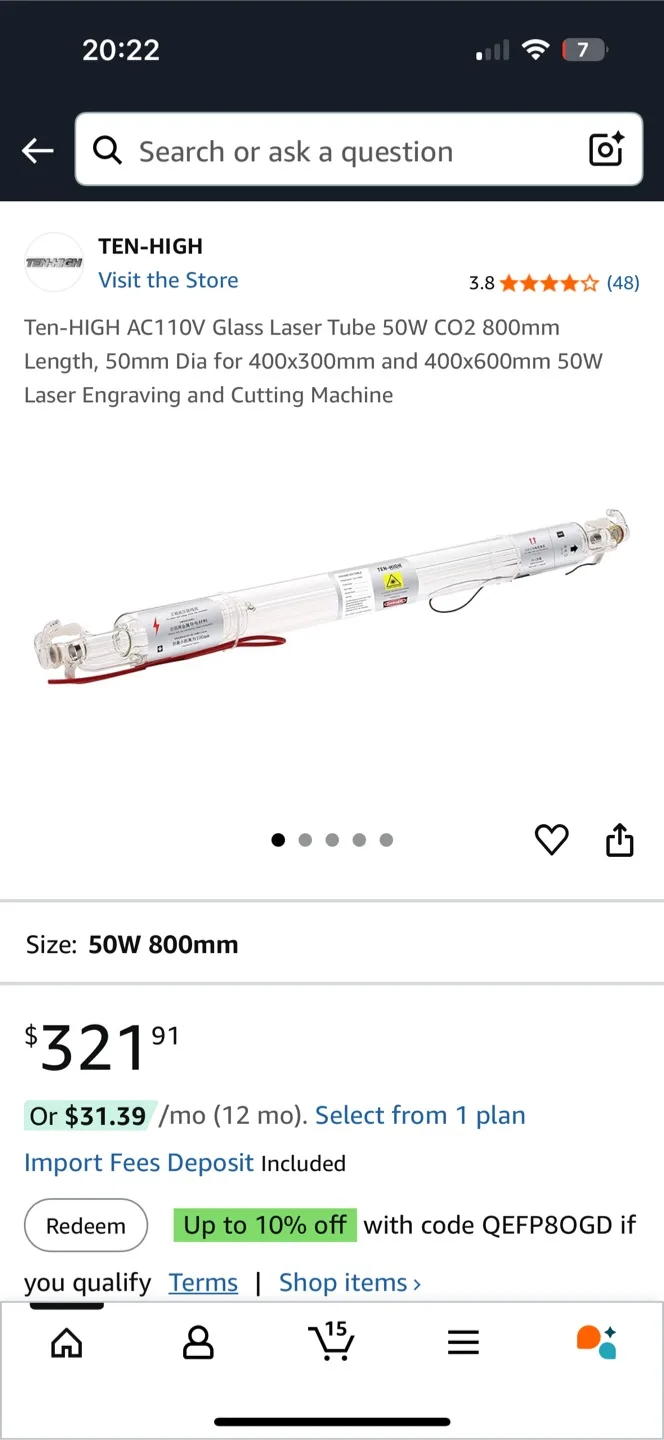 TEN-HIGH AC110V Glass Laser Tube 50W 800mm thumbnail