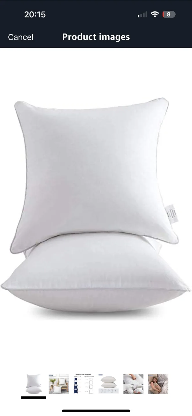 White Down Feather Pillow Insert 20x20 thumbnail