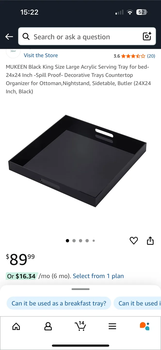 MUKEEN Black King Size Acrylic Serving Tray 24x24 thumbnail