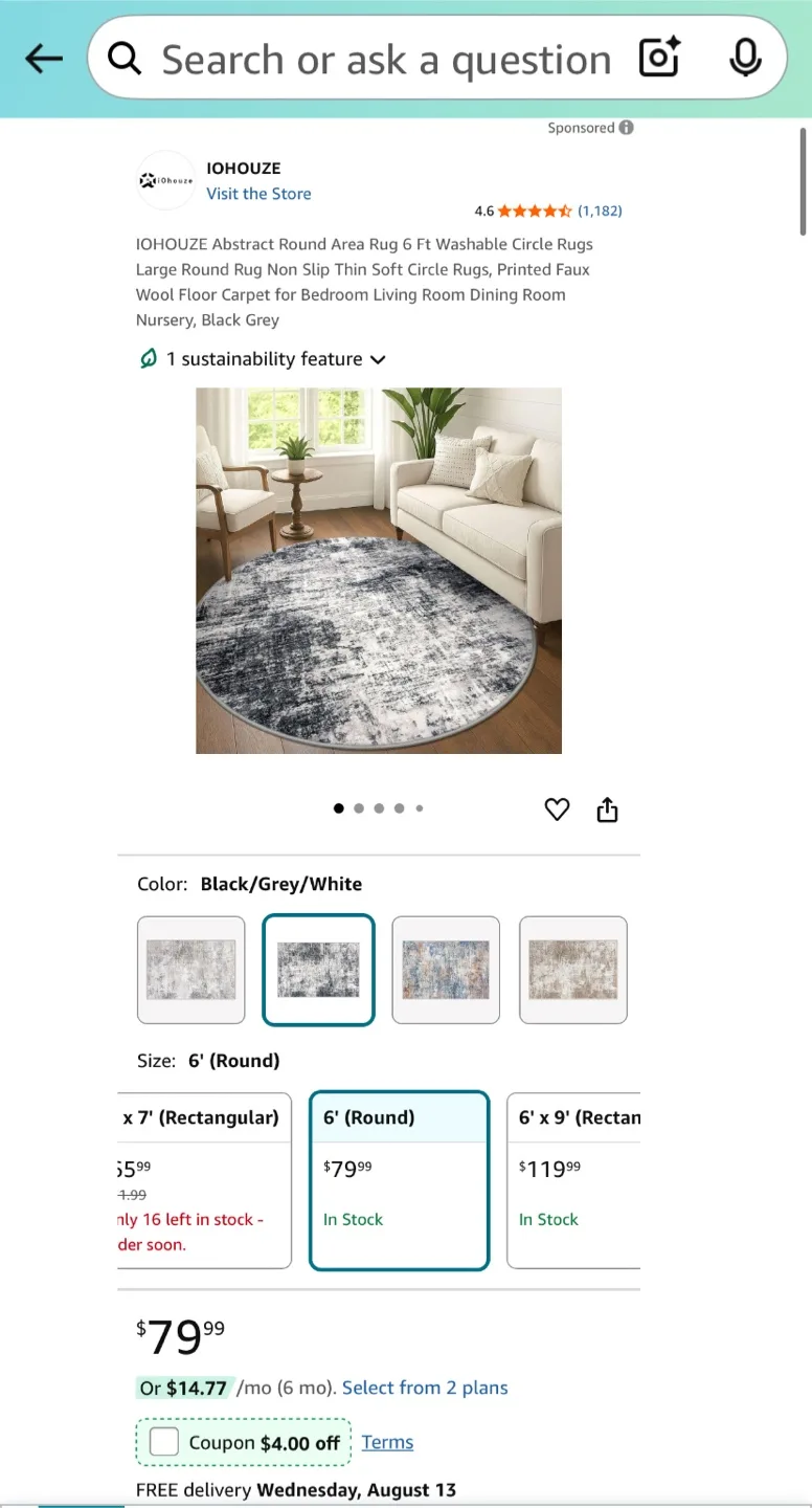 6.11 ft Round Area Rug - Black & White image indicator(8)