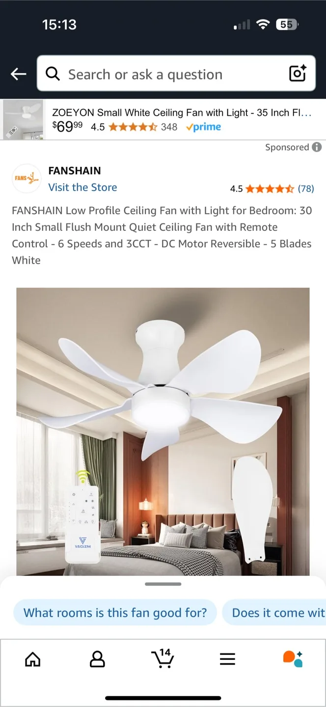 FANSHAIN Low Profile Ceiling Fan with Light - White thumbnail