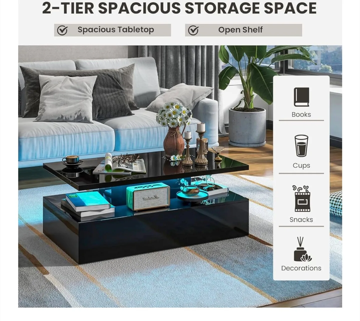 Black LED Coffee Table with Storage image indicator(4)