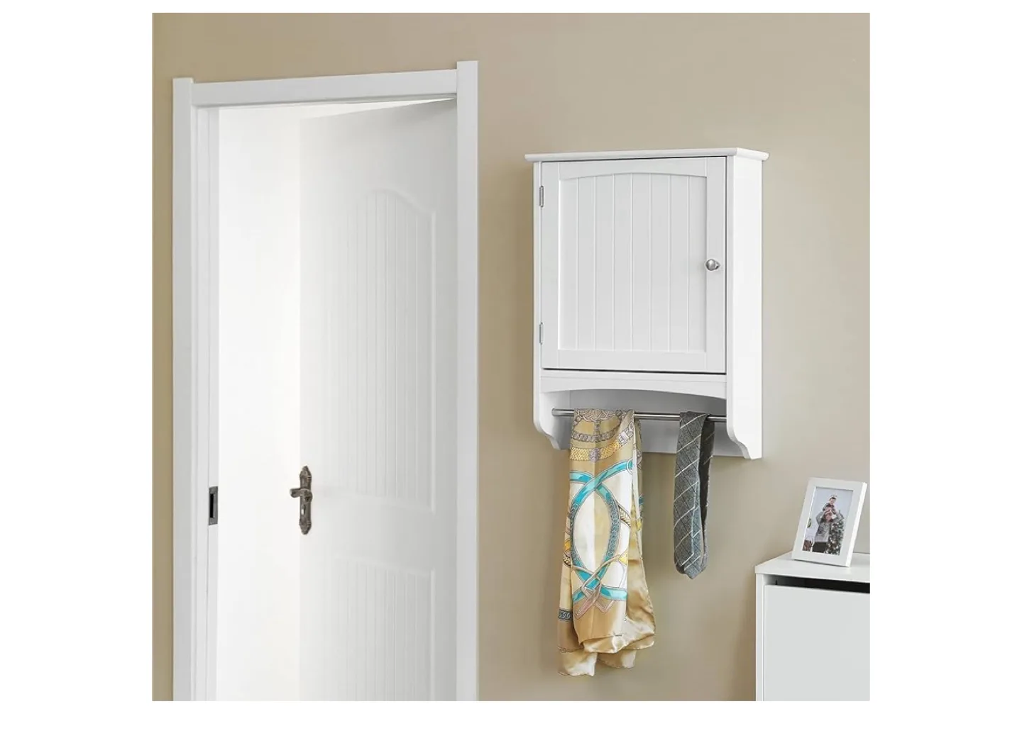 White Wall Mounted Bathroom Cabinet with Towel Bar image indicator(4)