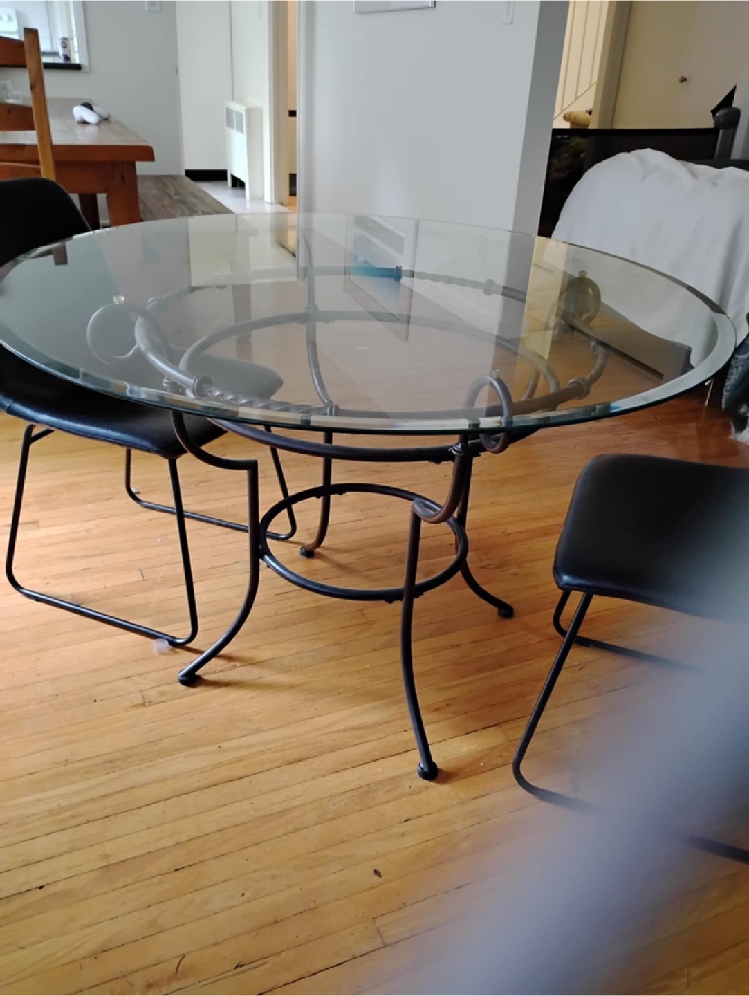 Glass Top Round Dining Table with Metal Base + two chairs