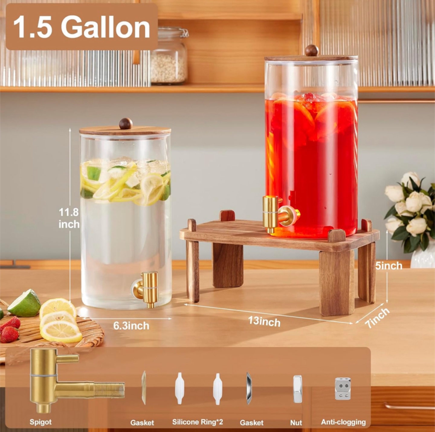 Two 1.5 Gallon Glass Drink Dispenser with Spigot - photo 4