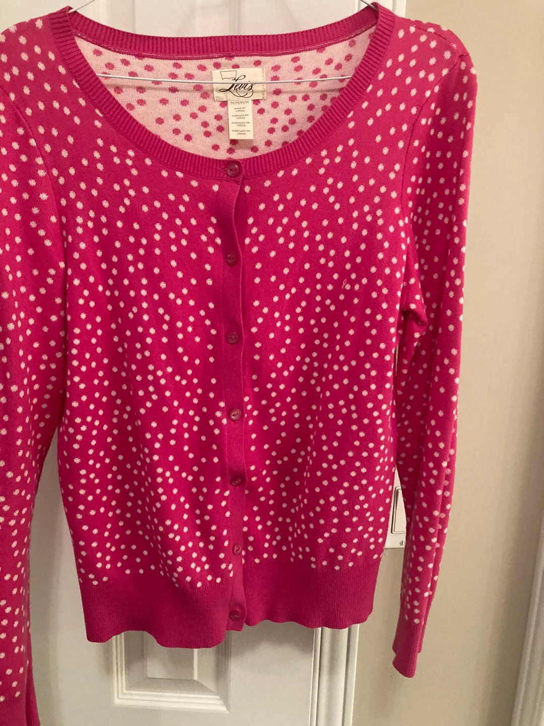 For cooler morning! Fuchsia Polka Dot Cardigan - Size M thumbnail
