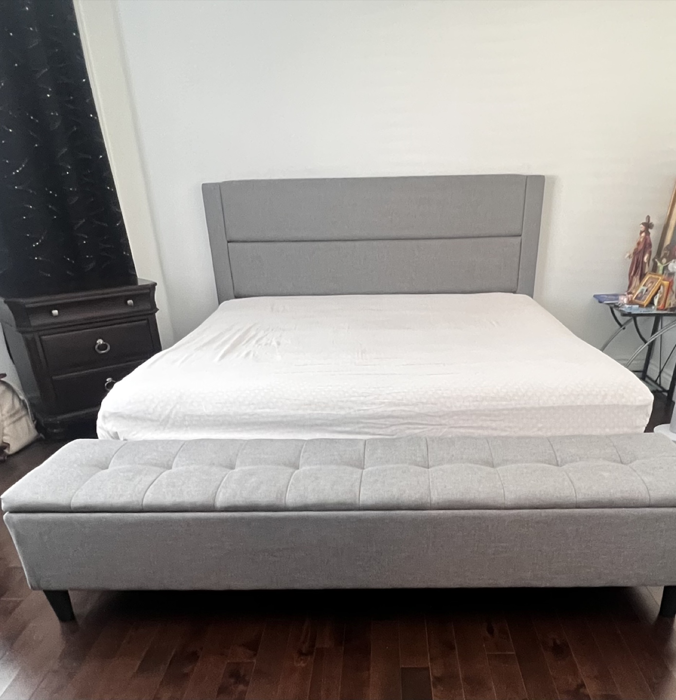 Grey Upholstered King size Bed Frame with Bench