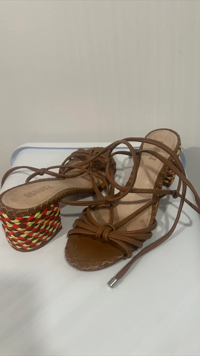 Schutz Brown Leather Heeled Sandals Size 8 thumbnail