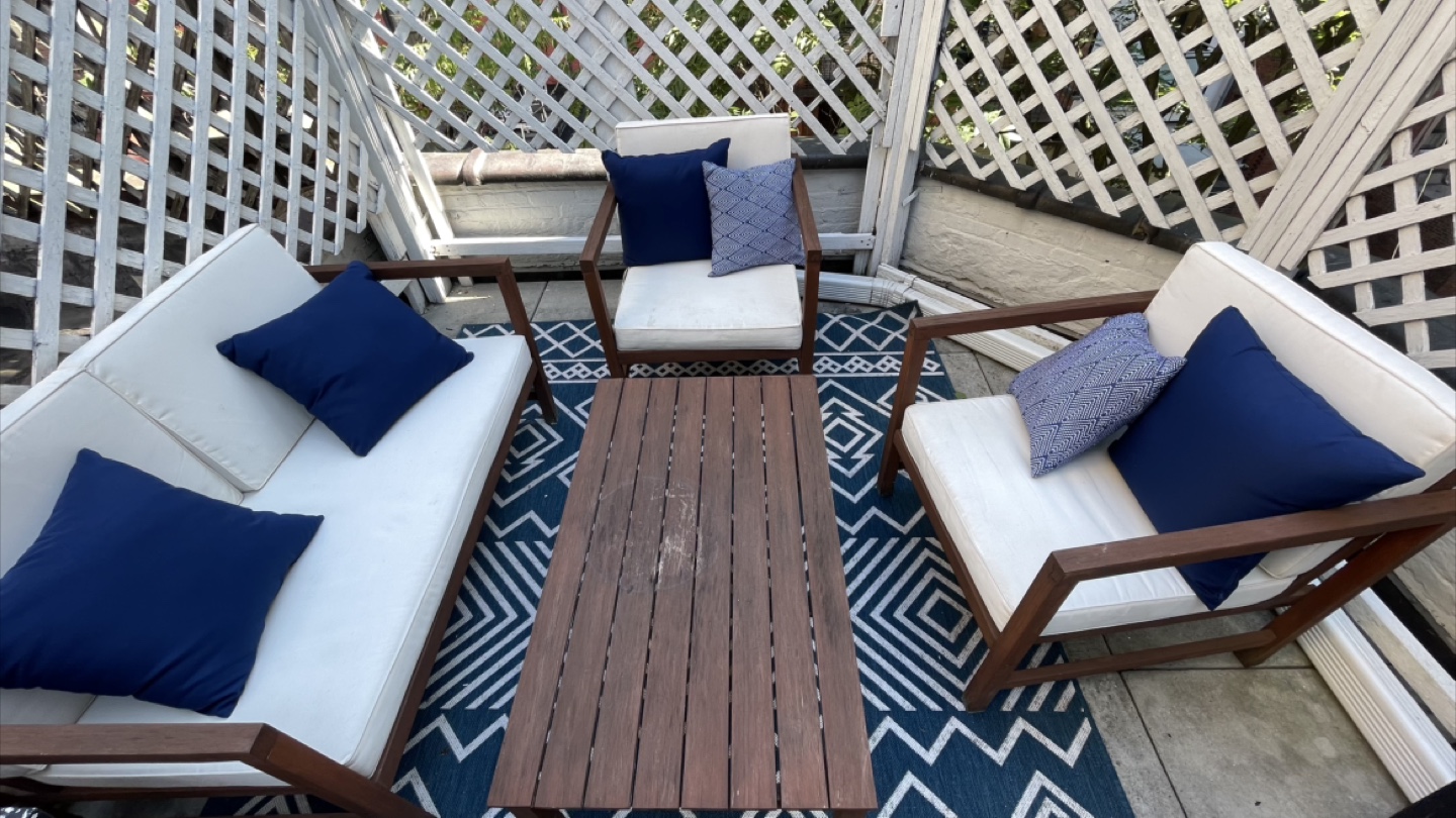 Outdoor Patio Set - Loveseat, Two Chairs, Table and pillows