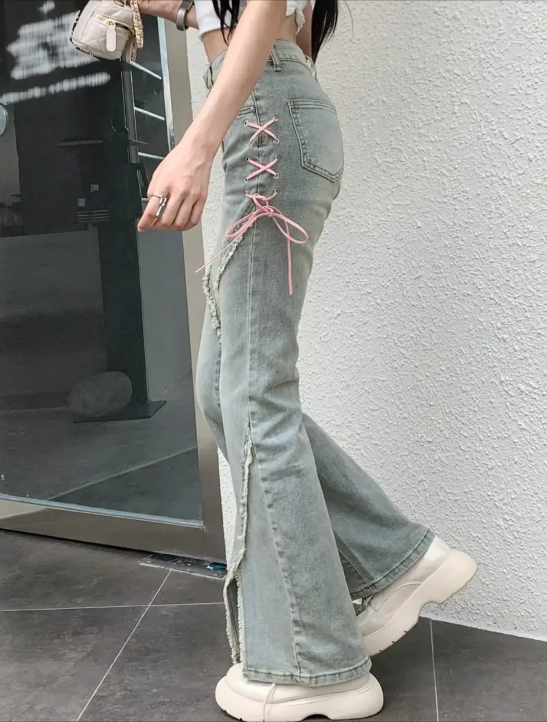 Flare Jeans with Lace-Up Detail, Light Wash