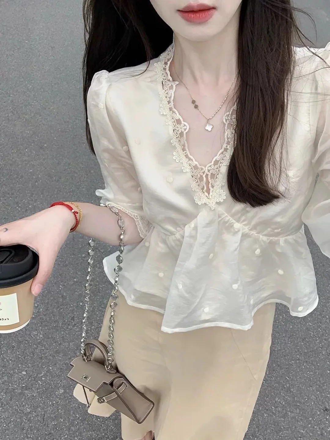 Lace Trimmed Blouse - Cream Colour thumbnail
