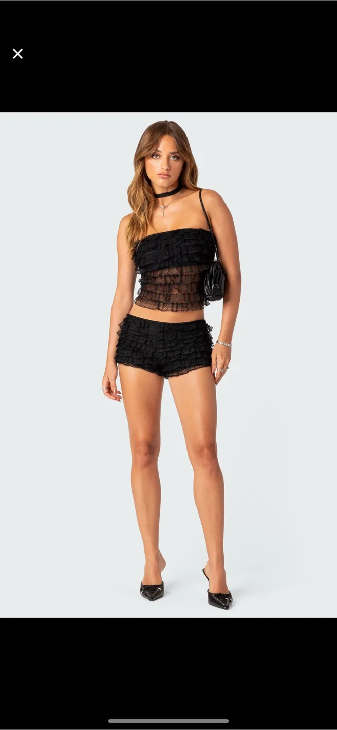 Edikted Black Lace Ruffle Shorts thumbnail