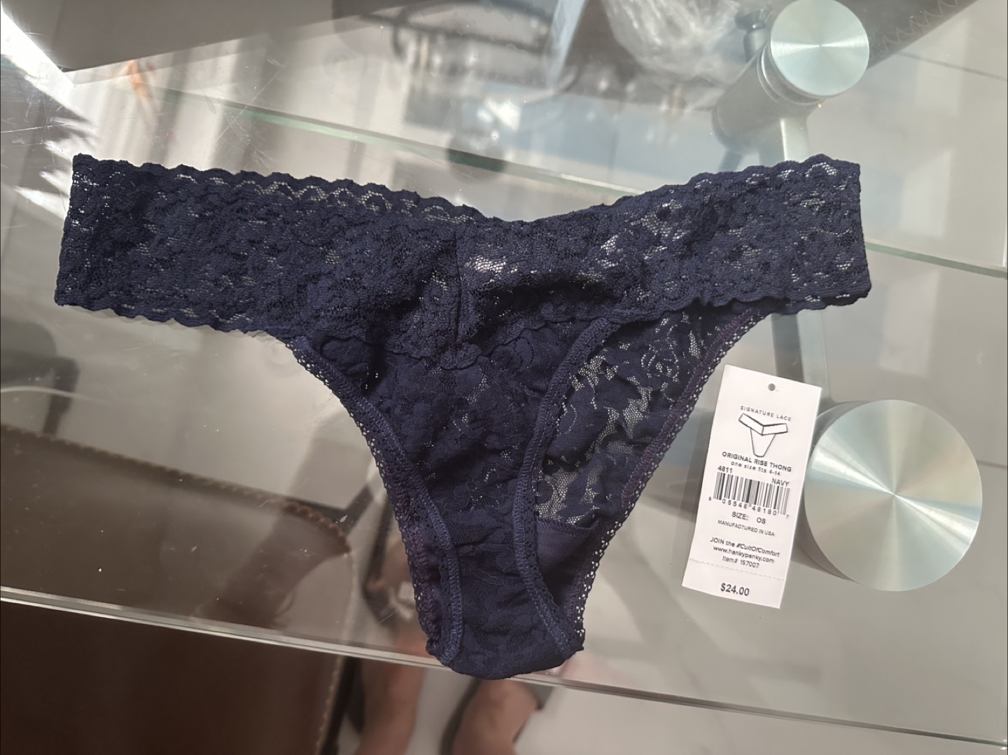 Hanky Panky Navy Blue Lace Thong - One Size