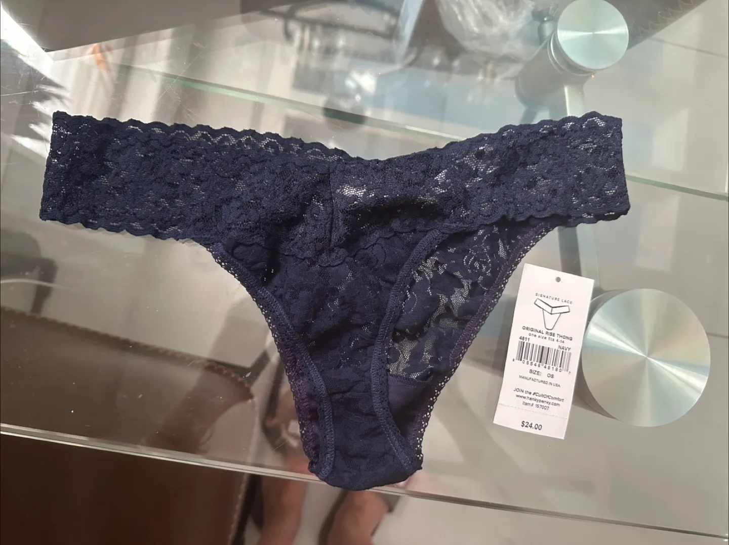 Hanky Panky Navy Blue Lace Thong - One Size thumbnail
