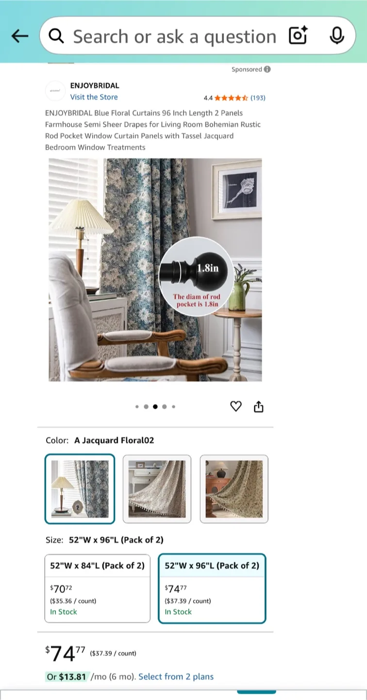 ENJOYBRIDAL Blue Floral Curtains 96 Inch Length 2 Panels image indicator(6)