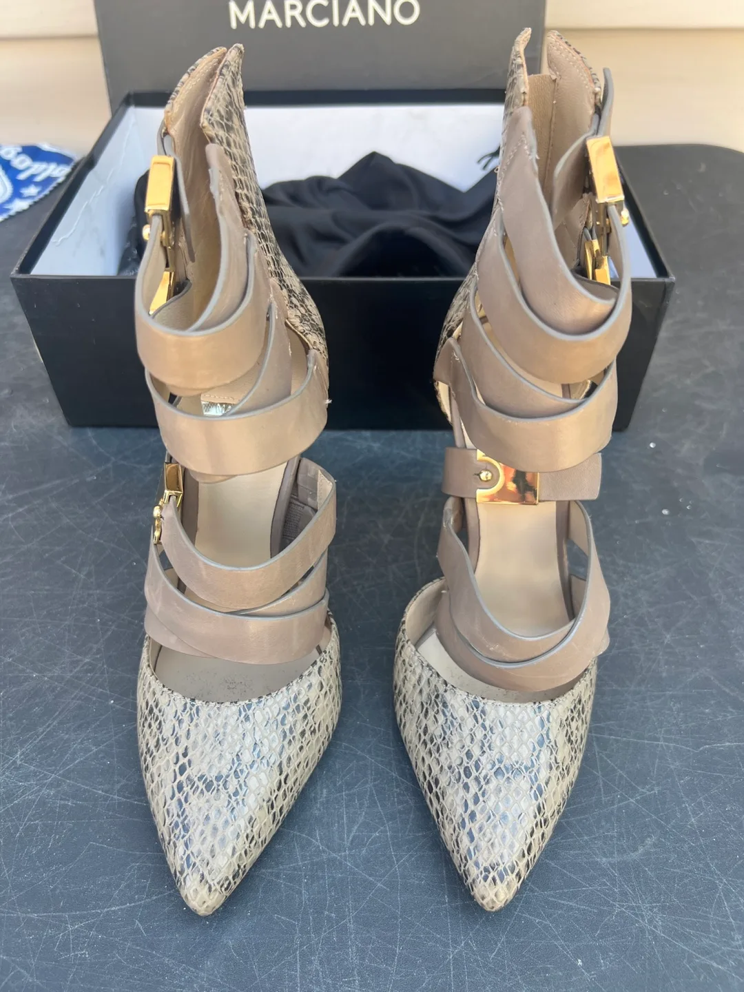 MARCIANO Snakeskin Strappy Heels Size 7 image indicator(5)