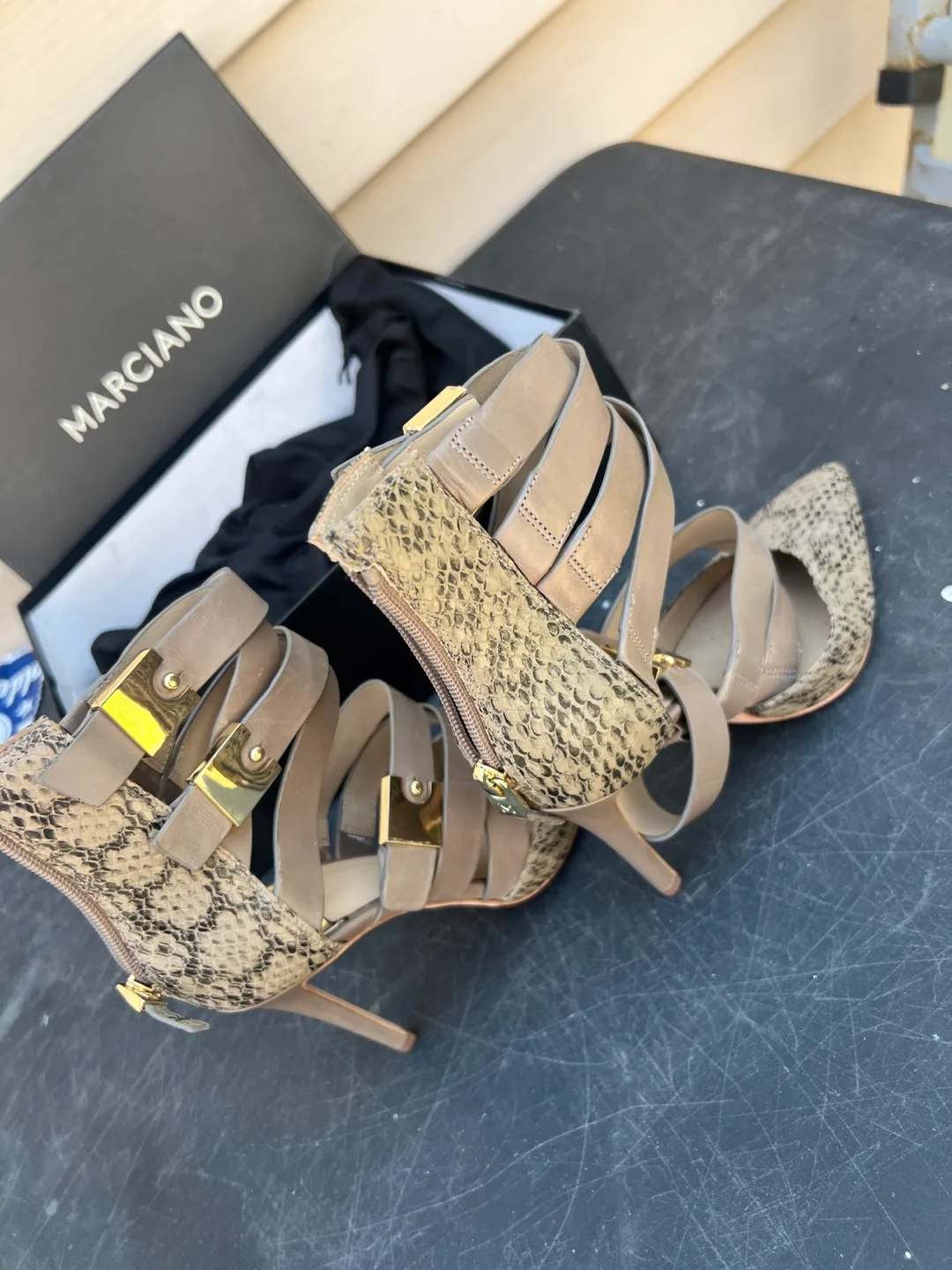 MARCIANO Snakeskin Strappy Heels Size 7 image indicator(6)