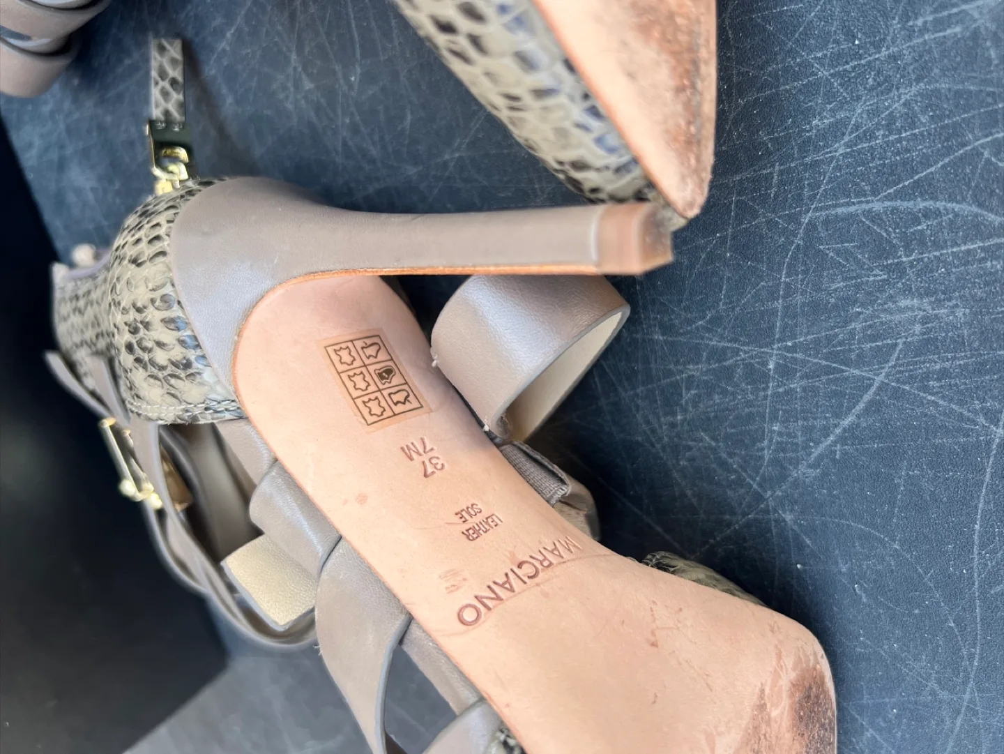 MARCIANO Snakeskin Strappy Heels Size 7 image indicator(9)