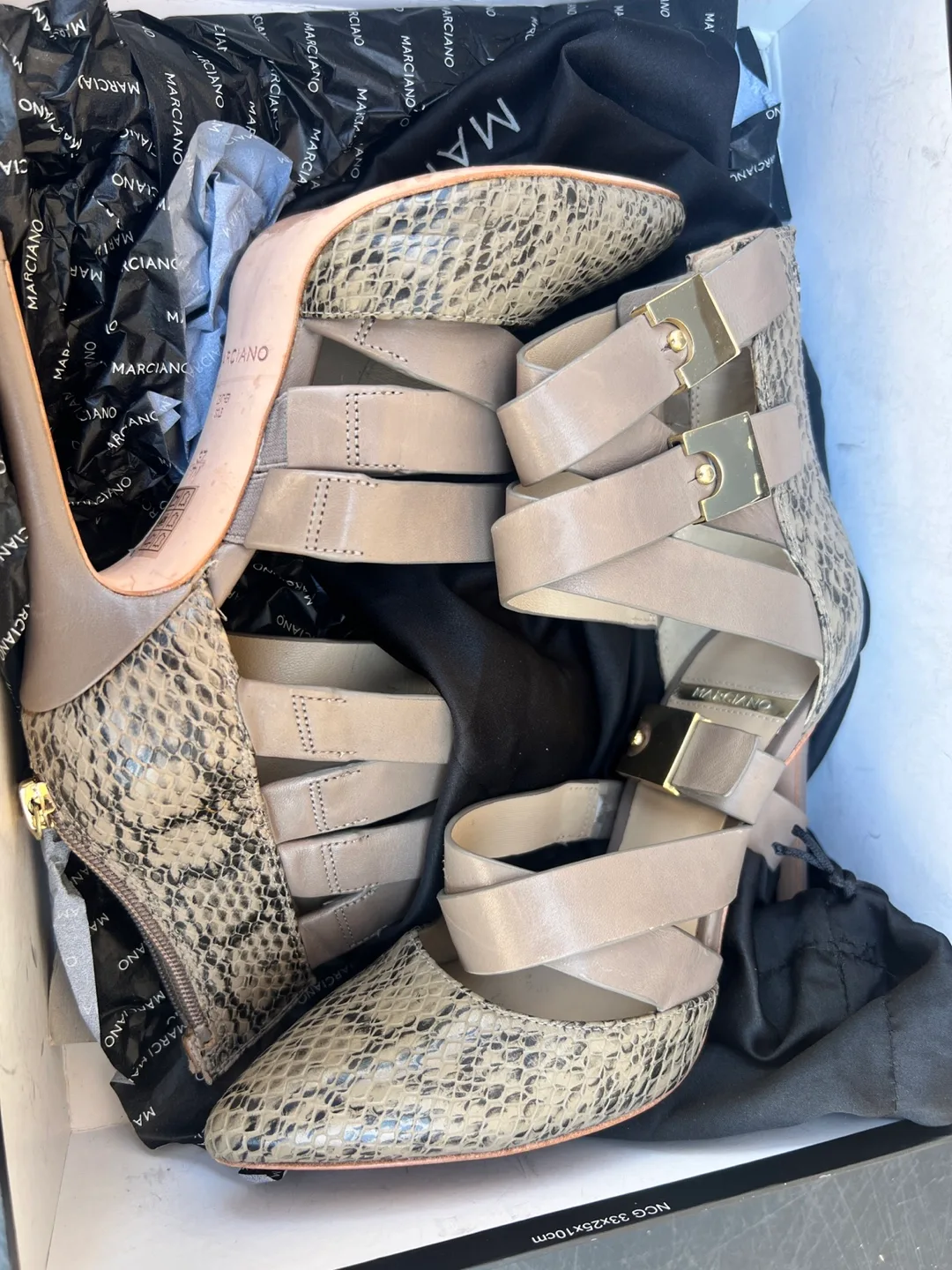 MARCIANO Snakeskin Strappy Heels Size 7 image indicator(2)