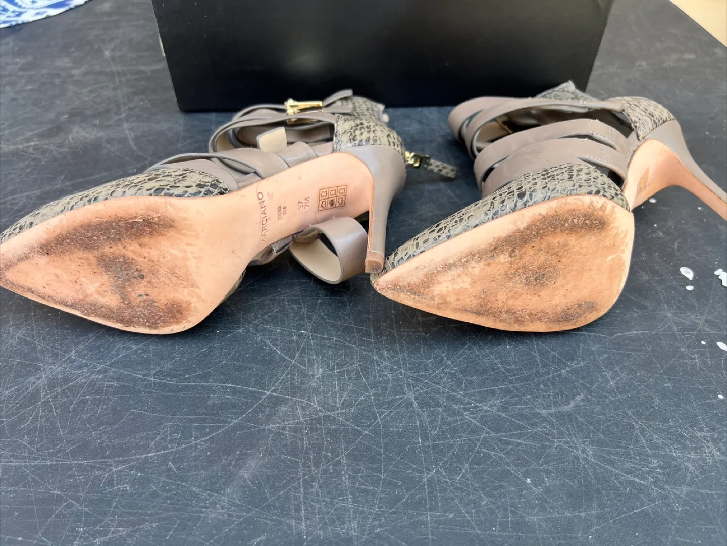 MARCIANO Snakeskin Strappy Heels Size 7 image indicator(8)