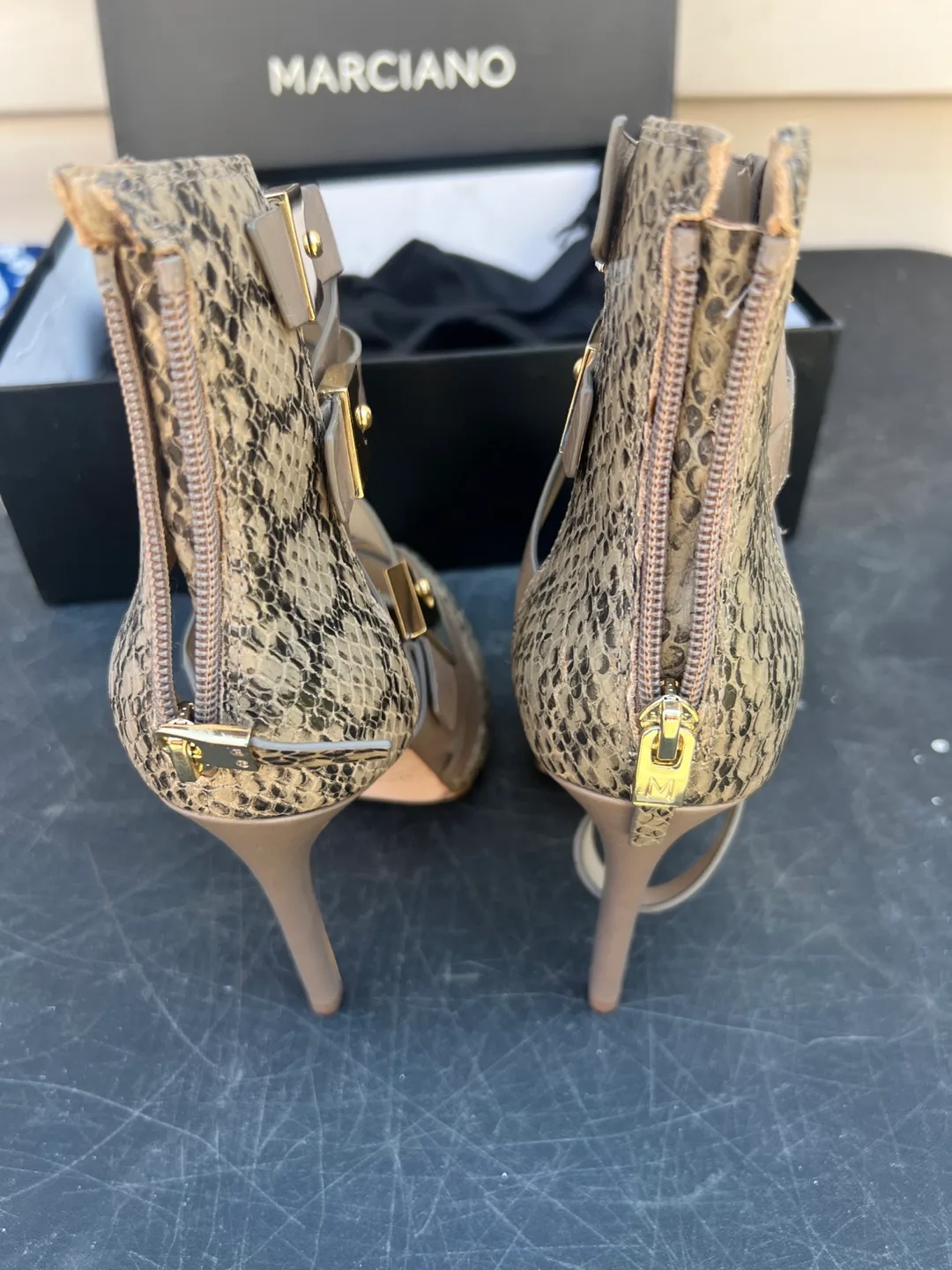 MARCIANO Snakeskin Strappy Heels Size 7 image indicator(3)