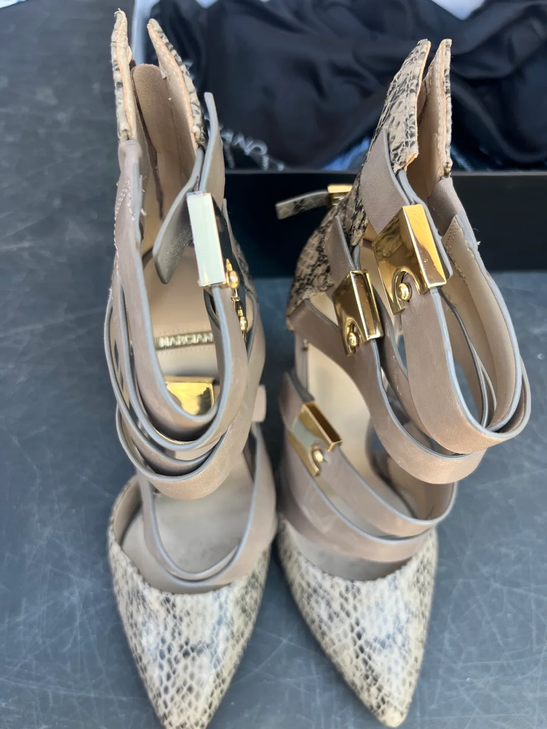 MARCIANO Snakeskin Strappy Heels Size 7 image indicator(7)