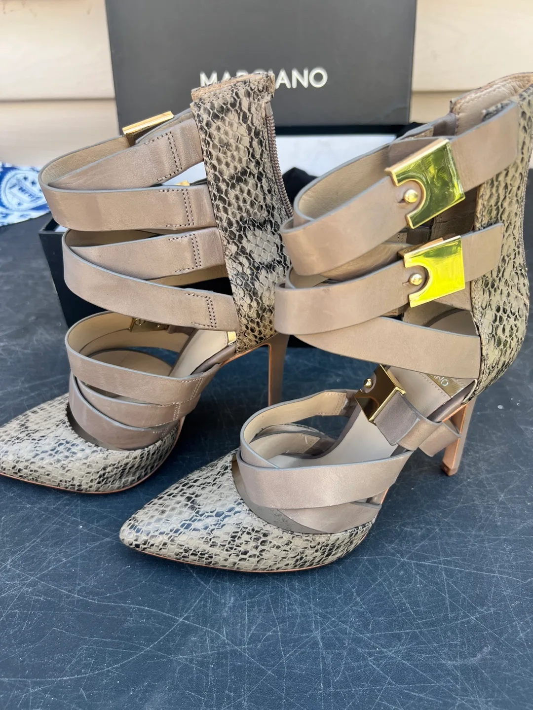MARCIANO Snakeskin Strappy Heels Size 7 image indicator(4)