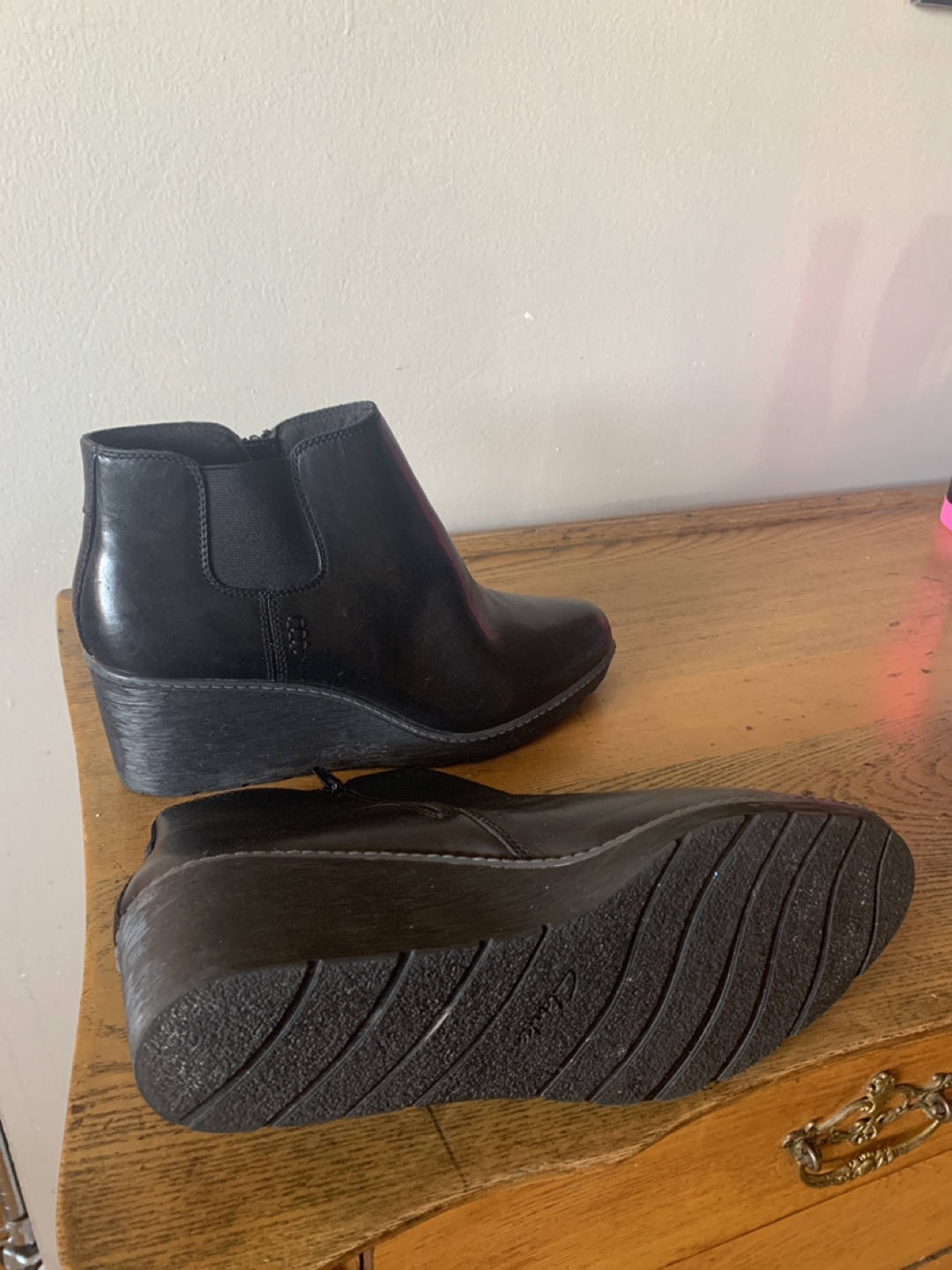 Clarks Black Leather Wedge Ankle Boots