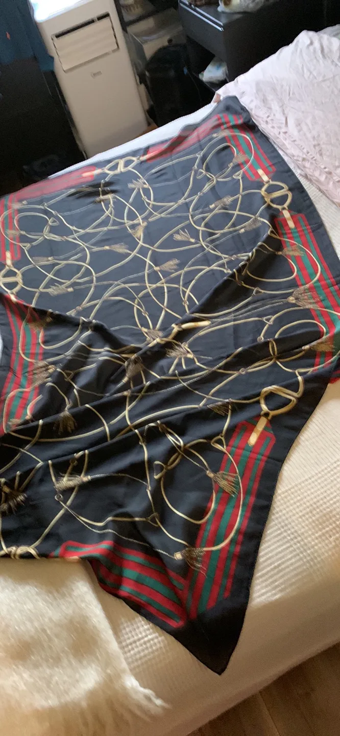 Large silk scarf - Black with Gold Chain Pattern thumbnail