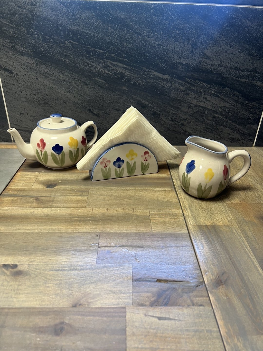 Floral Teapot, Creamer, Napkin Holder Set