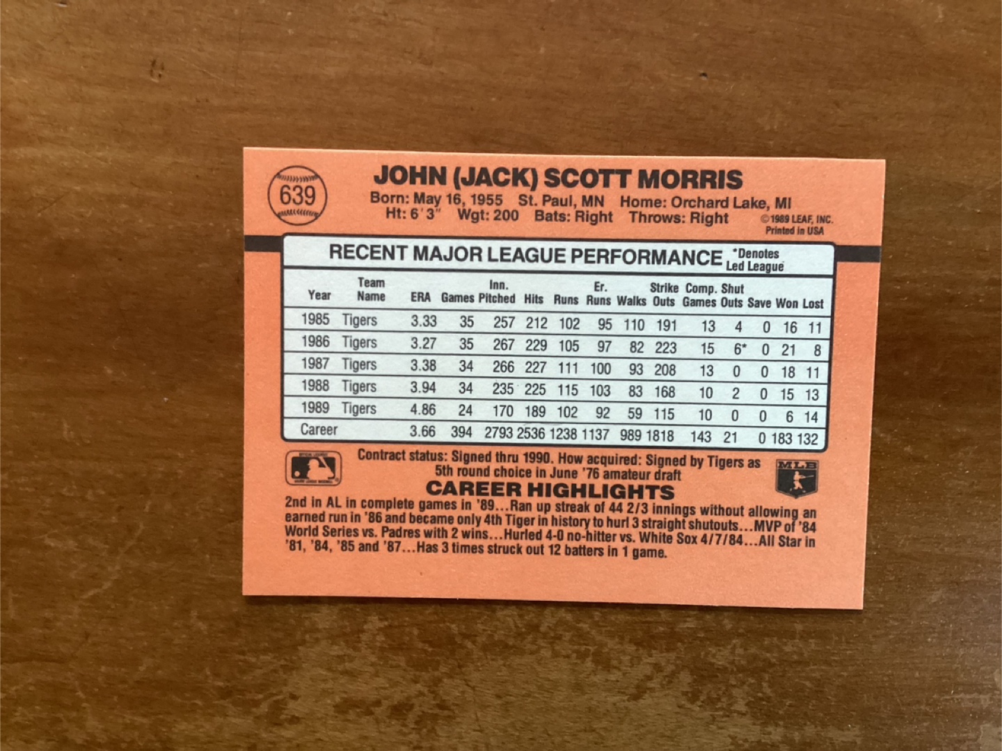 1990 DONRUSS “ERROR CARD” Jack Morris Card #639 ! - photo 3