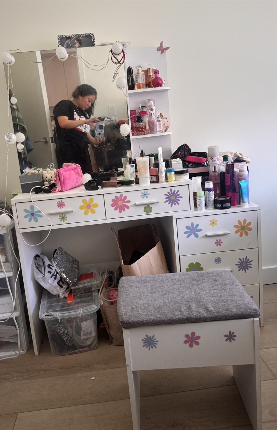 White Vanity Table with Mirror and Stool