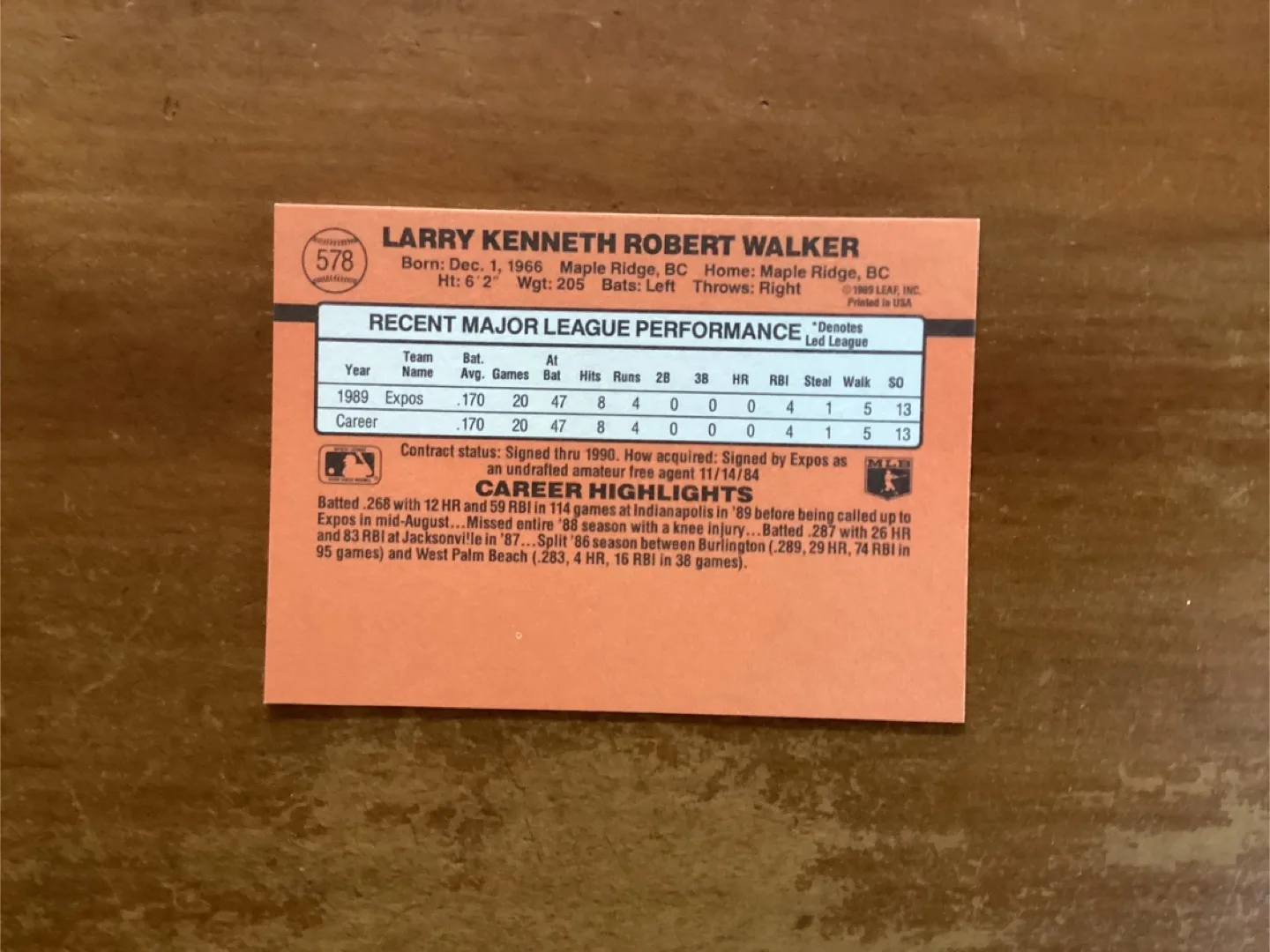 1990 DONRUSS LARRY WALKER ROOKIE CARD #578 Montreal Expos image indicator(4)