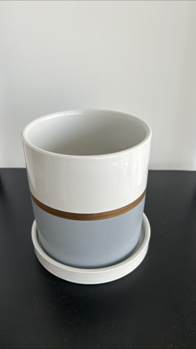 Ceramic Planter Pot with Tray - Grey & White - photo 3