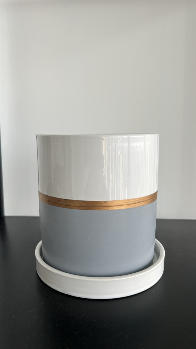 Ceramic Planter Pot with Tray - Grey & White - photo 2