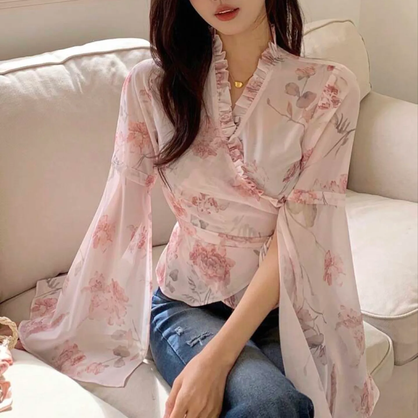 Floral Print Wrap Blouse with Bell Sleeves Top thumbnail