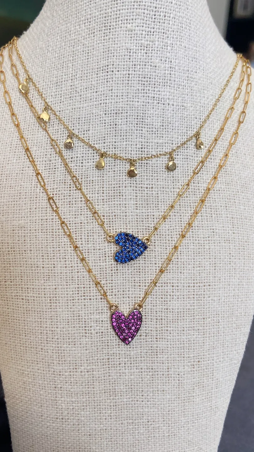 Layered Gold Tone Heart Pendant Necklace. Blue or pink. thumbnail