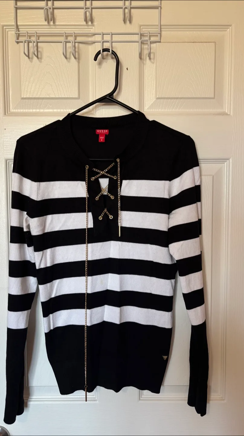 Guess Black & White Striped Sweater - Size M thumbnail