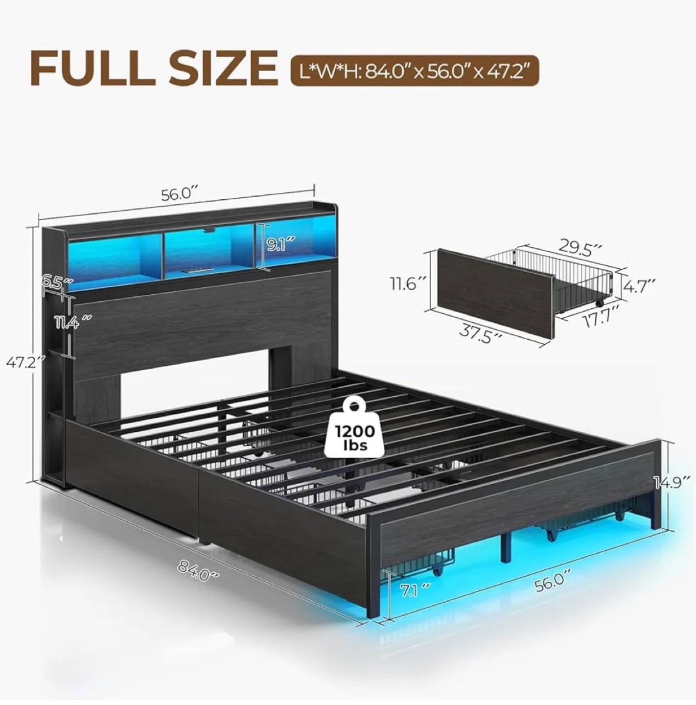 Full Size Bed Frame with LED Lights and storage thumbnail
