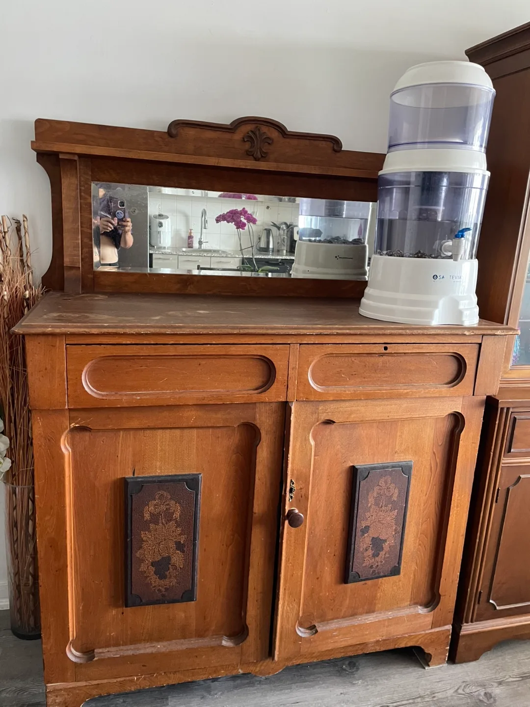 Antique Wooden Sideboard with Mirror thumbnail