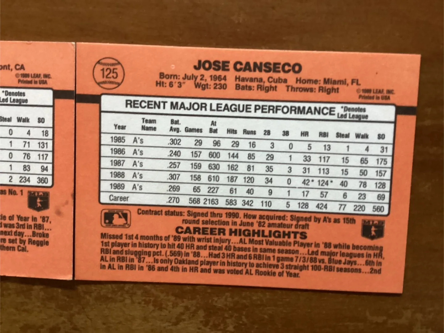 1990 DONRUSS MARK McGWIRE Card 185 & JOSE CANSECO Card 125 image indicator(6)