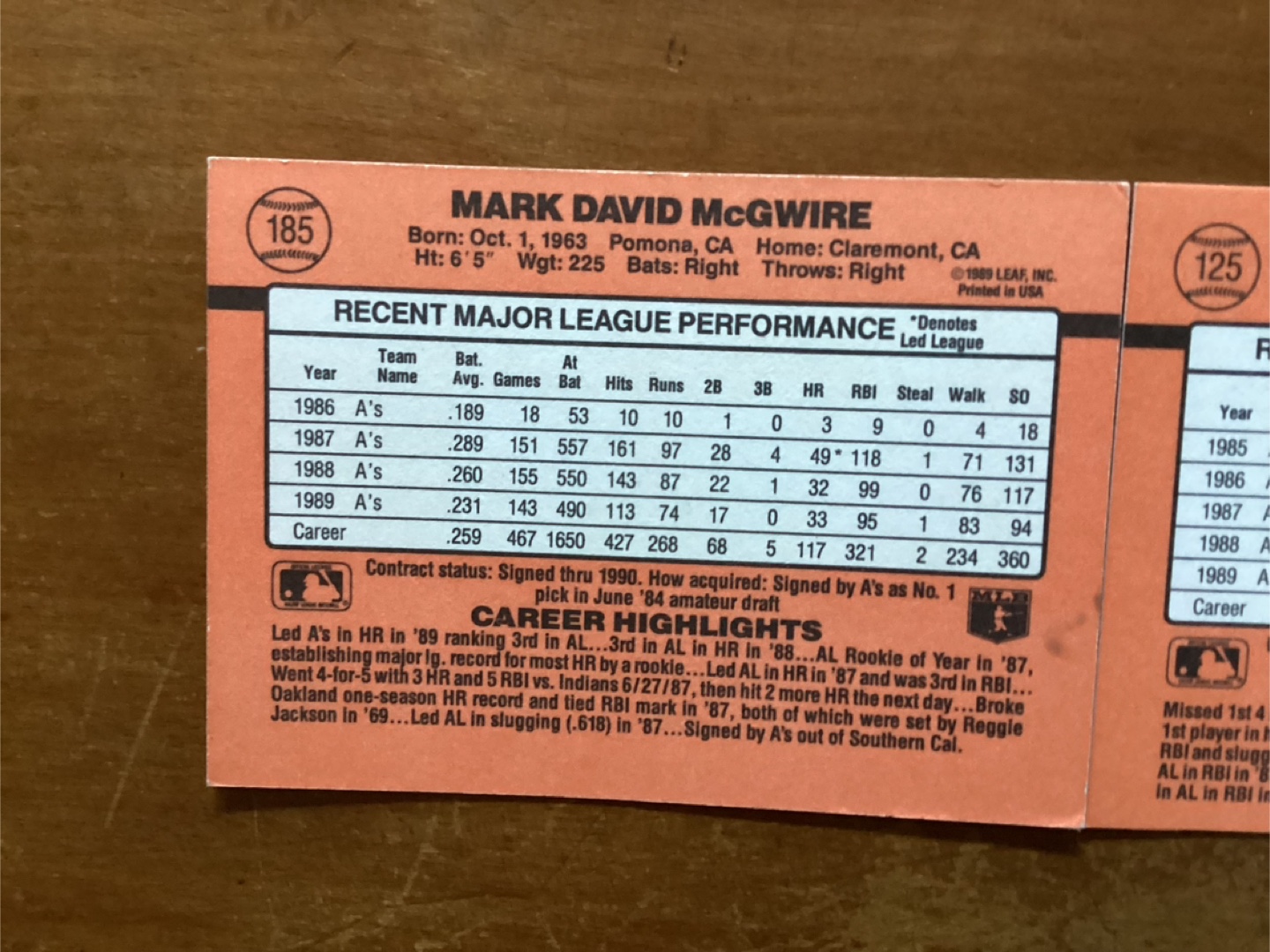 1990 DONRUSS MARK McGWIRE Card 185 & JOSE CANSECO Card 125 - photo 5