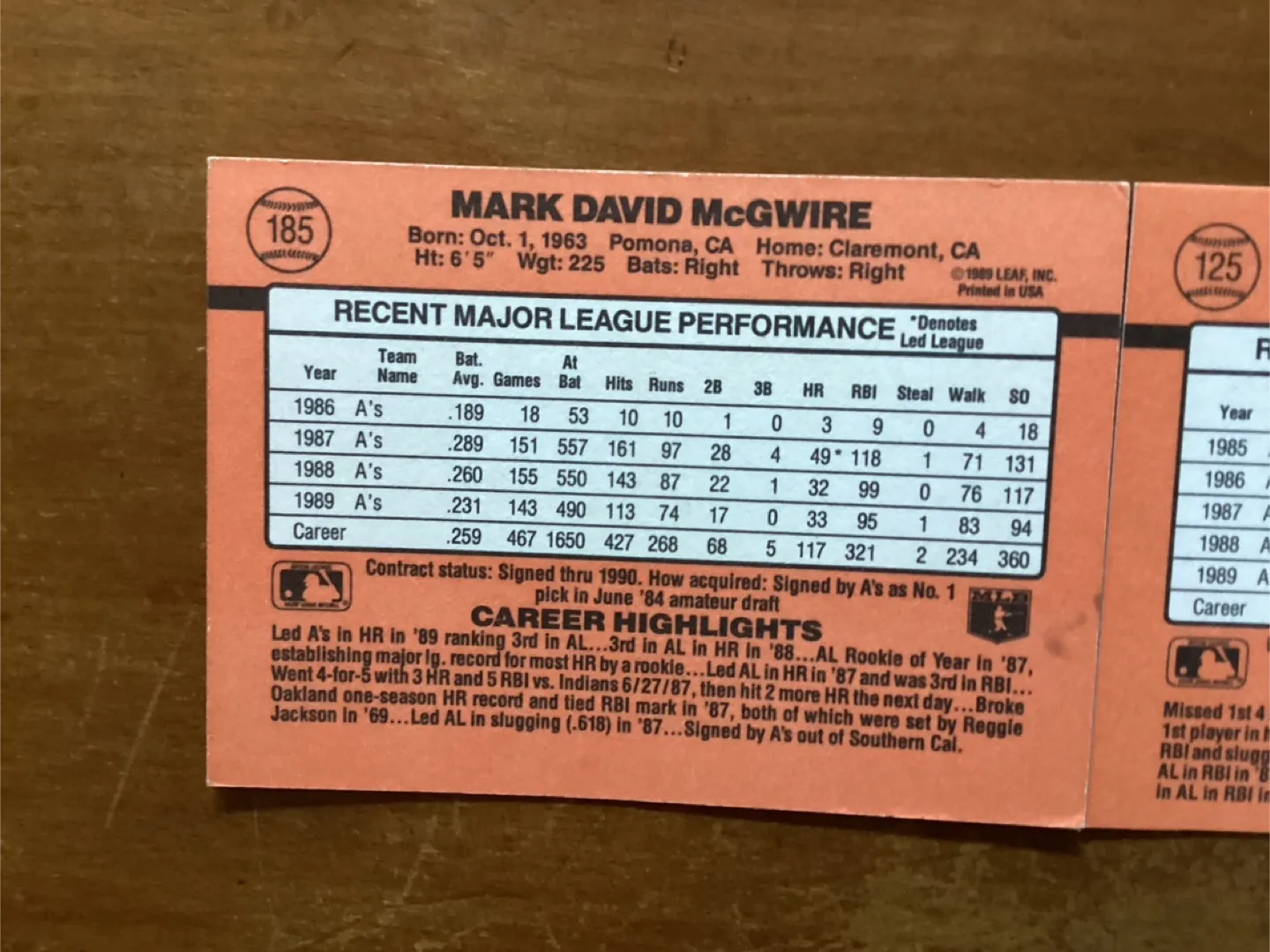 1990 DONRUSS MARK McGWIRE Card 185 & JOSE CANSECO Card 125 image indicator(5)