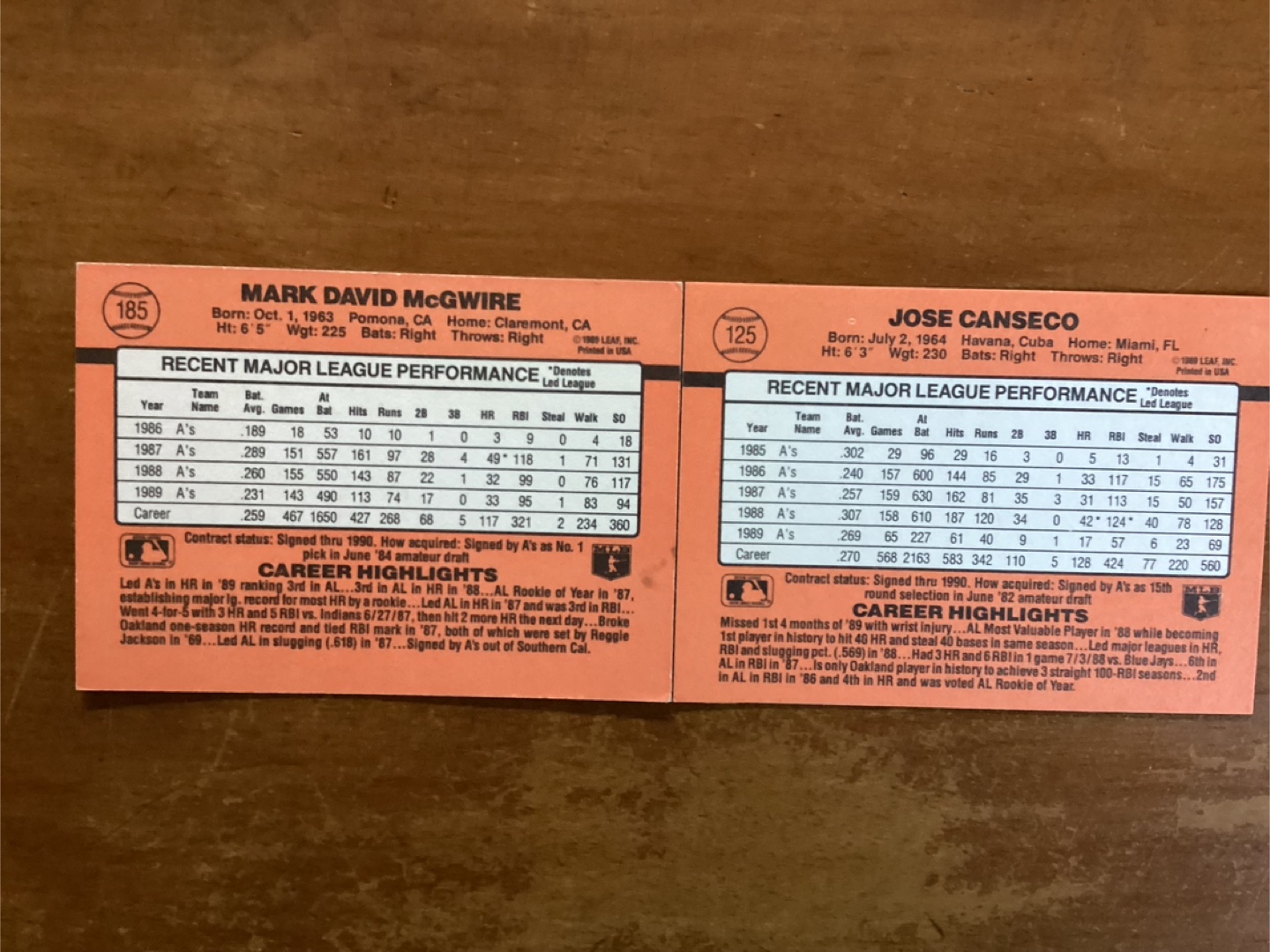 1990 DONRUSS MARK McGWIRE Card 185 & JOSE CANSECO Card 125 - photo 4
