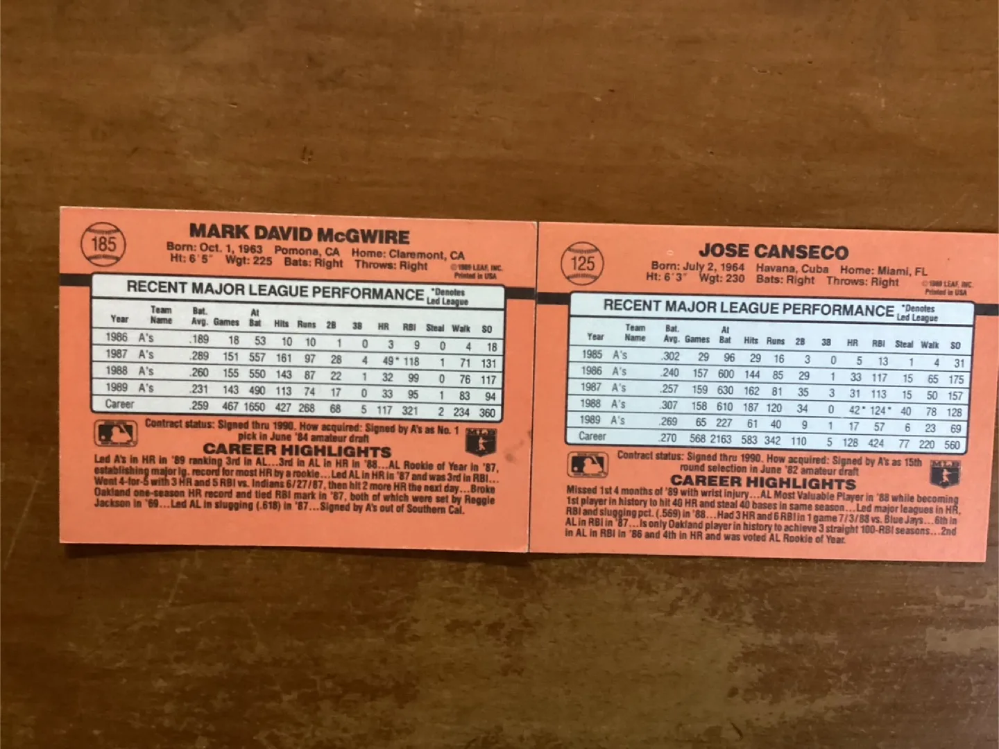 1990 DONRUSS MARK McGWIRE Card 185 & JOSE CANSECO Card 125 image indicator(4)