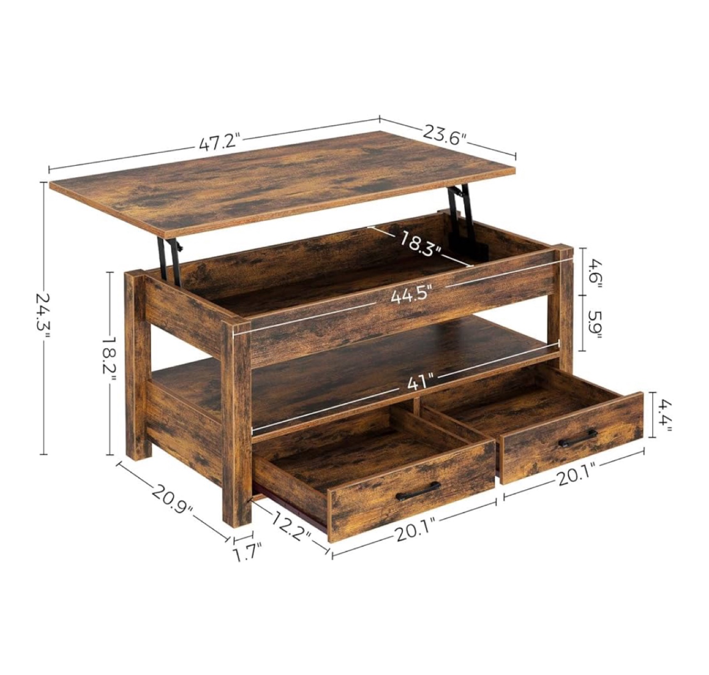 Lift Top Coffee Table - Rustic Brown - photo 5